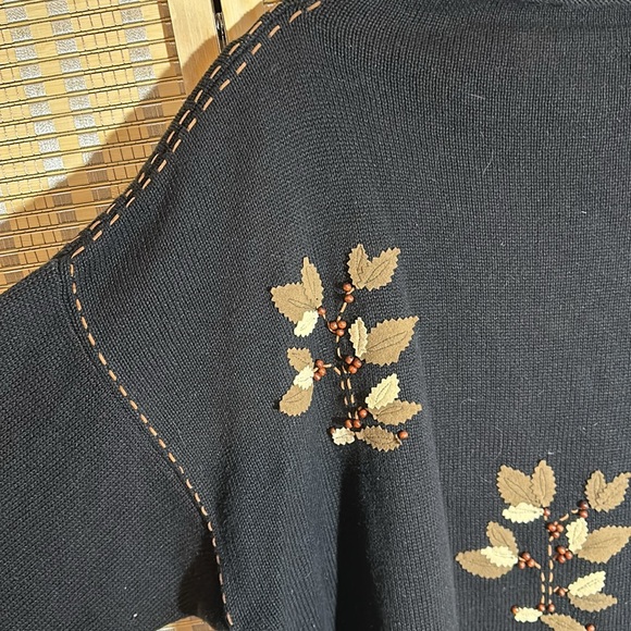Susan Bristol Vintage Y2K Auturn Leaf Pattern Black Beaded Sweater Size XL - Picture 2 of 16